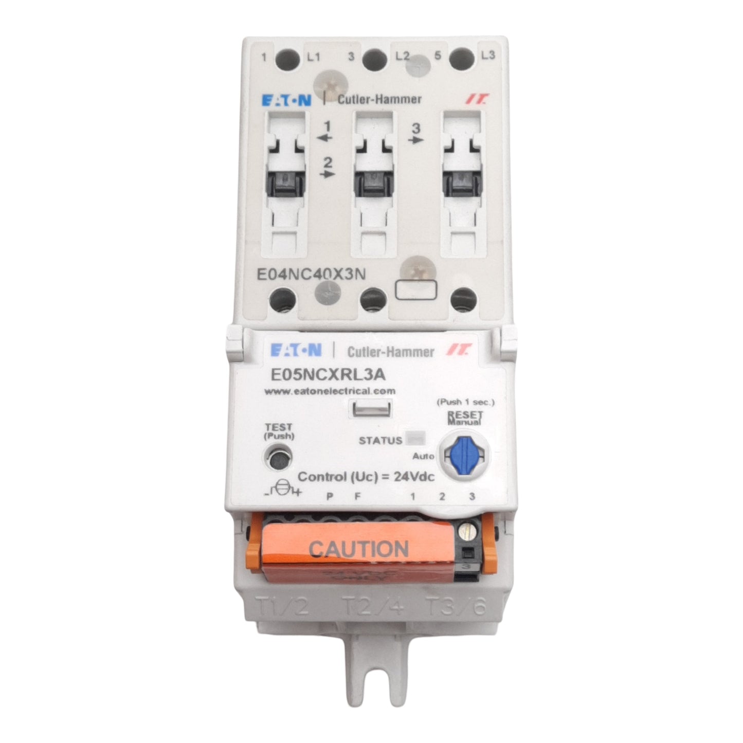 New – Open box Eaton E04NC40X3N Contactor 3-Pole 600VAC 40A w/ E05NCXRL3A 24VDC Overload Relay
