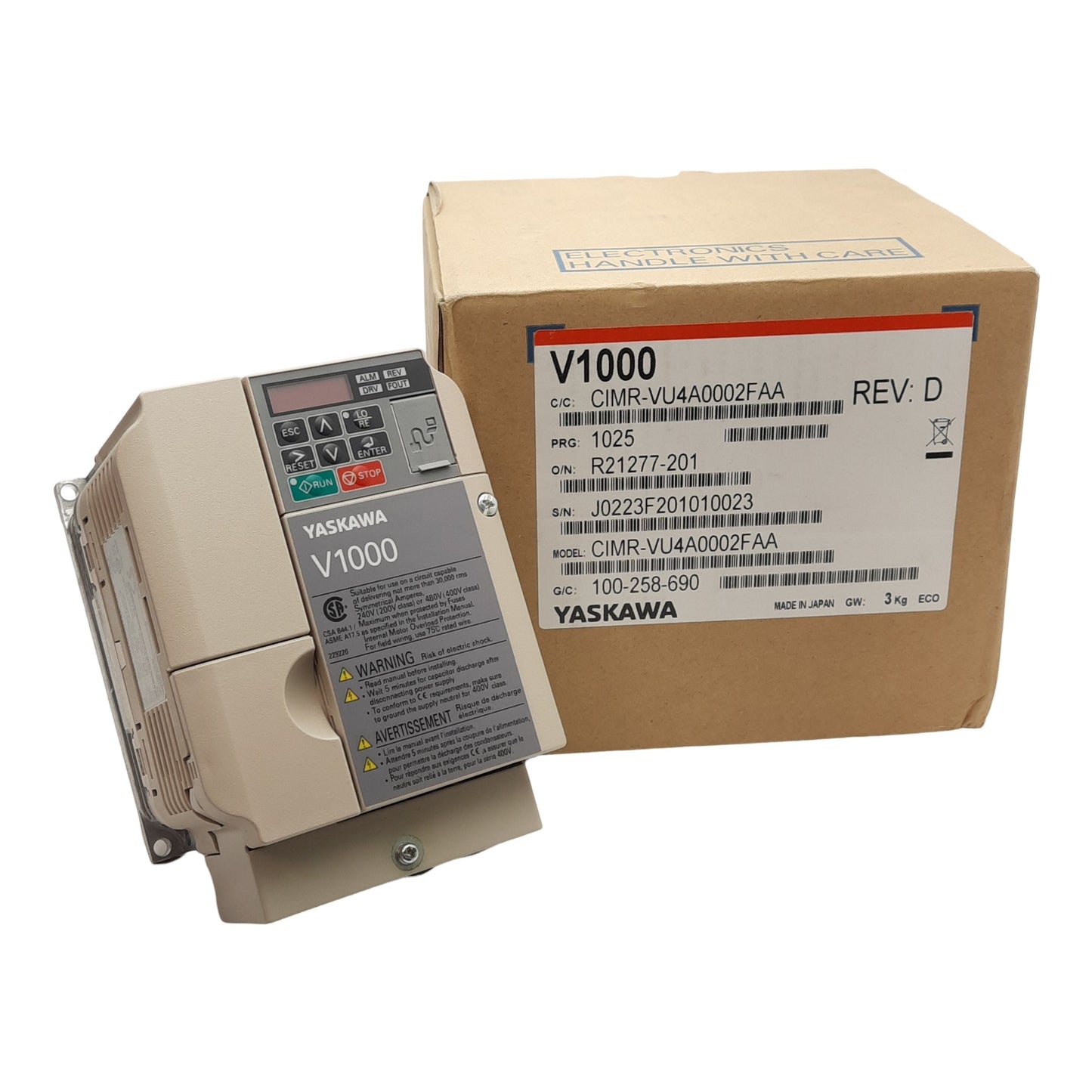 New Yaskawa CIMR-VU4A0002FAA Rev D AC Drive, 3Ø, 380-480VAC In, 0-480VAC 0-400Hz Out