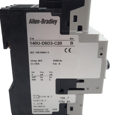 New Allen Bradley 140U-D6D3-C20 Circuit Breaker, 3-P, 600Y/347VAC 20A, D-Frame