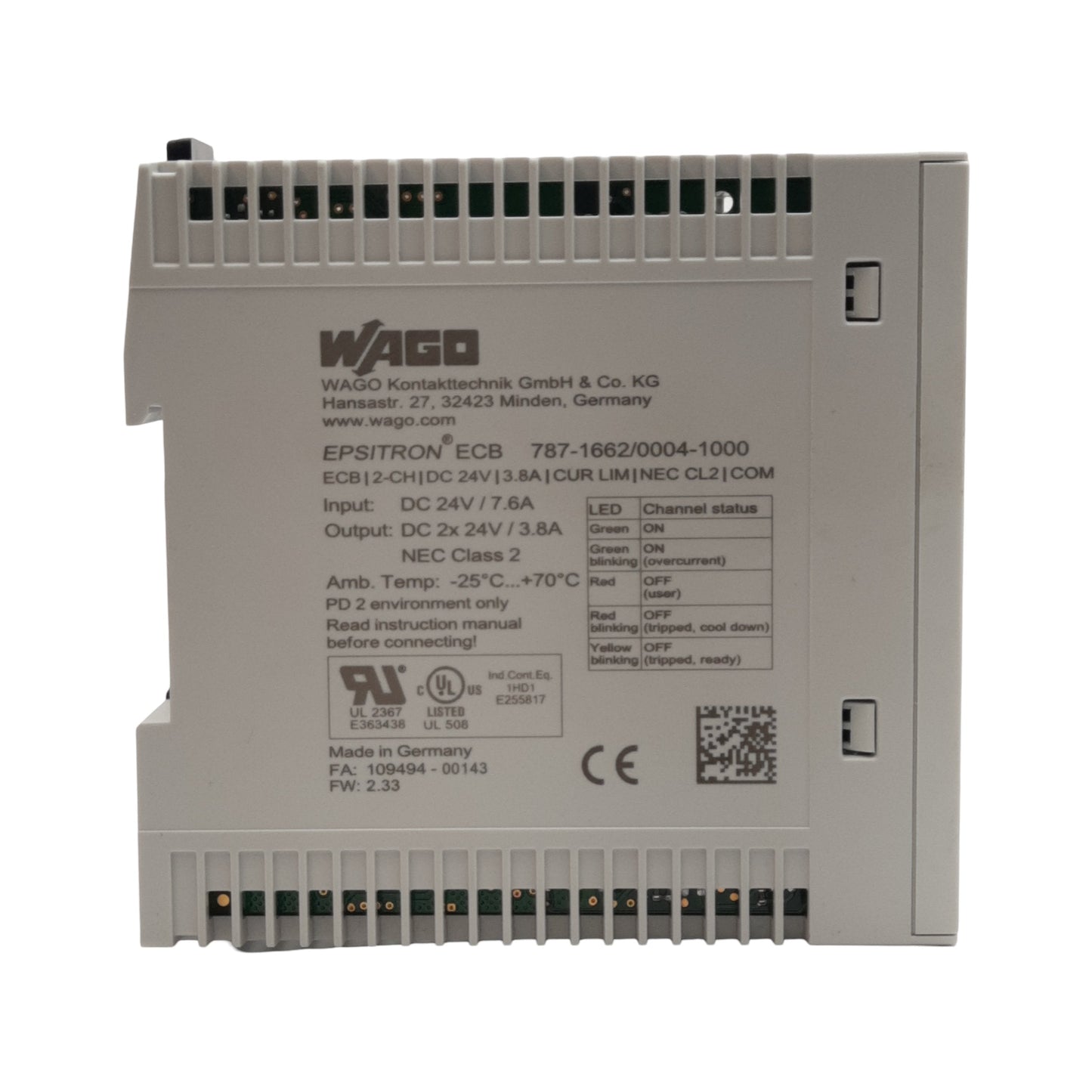 New Wago 787-1662/0004-1000 Electronic Circuit Breaker, 2-Channel, 24VDC, DIN Rail
