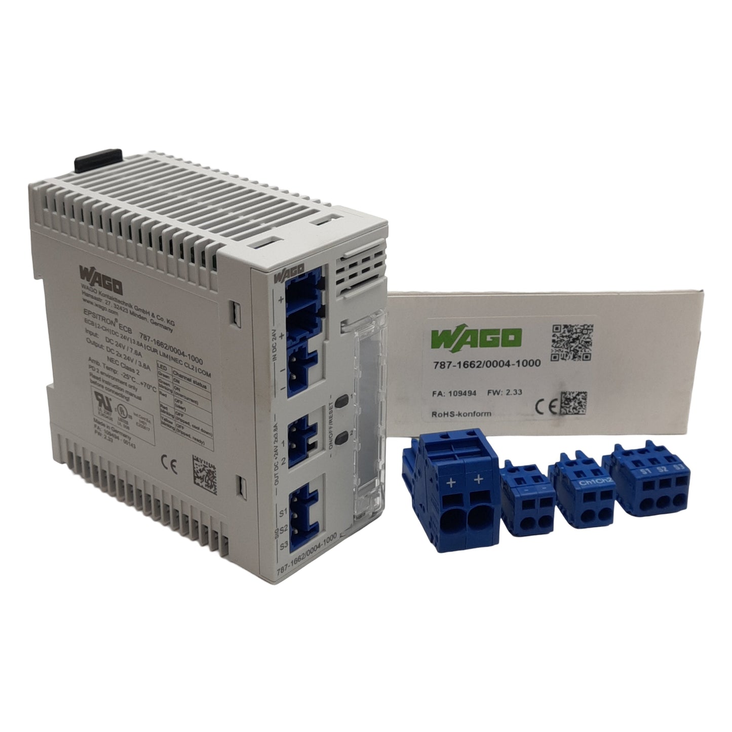 New Wago 787-1662/0004-1000 Electronic Circuit Breaker, 2-Channel, 24VDC, DIN Rail