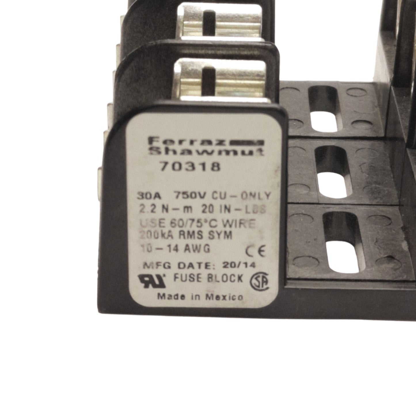New Ferraz Shawmut 70318 Fuse Holder Block, 3-Pole, 14x51mm Fuses, 30A Max
