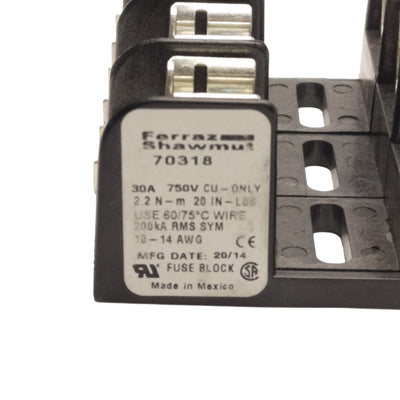 New Ferraz Shawmut 70318 Fuse Holder Block, 3-Pole, 14x51mm Fuses, 30A Max