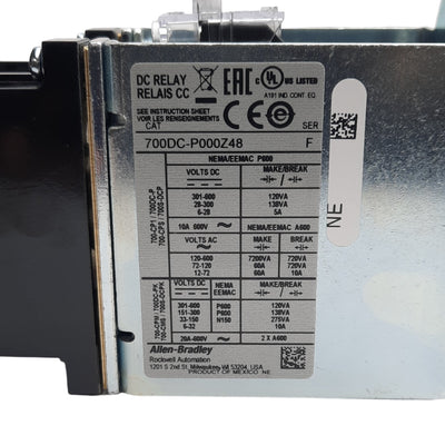 New Allen Bradley 700DC-P000Z48 Control Relay, 4-Pole, 48VDC Coil, 600V 20A Max