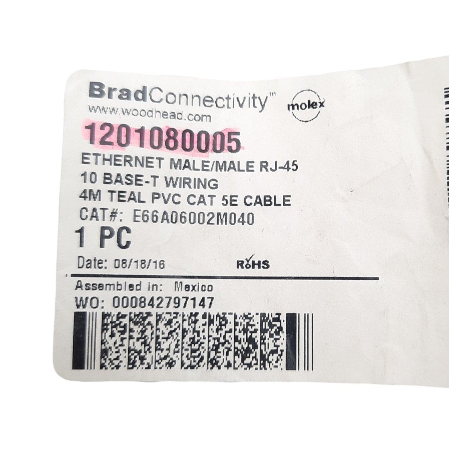 New Woodhead E66A06002M040 PVC Ethernet Cable, Double Ended RJ45 Male, Cat5e, 4m