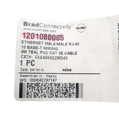 New Woodhead E66A06002M040 PVC Ethernet Cable, Double Ended RJ45 Male, Cat5e, 4m