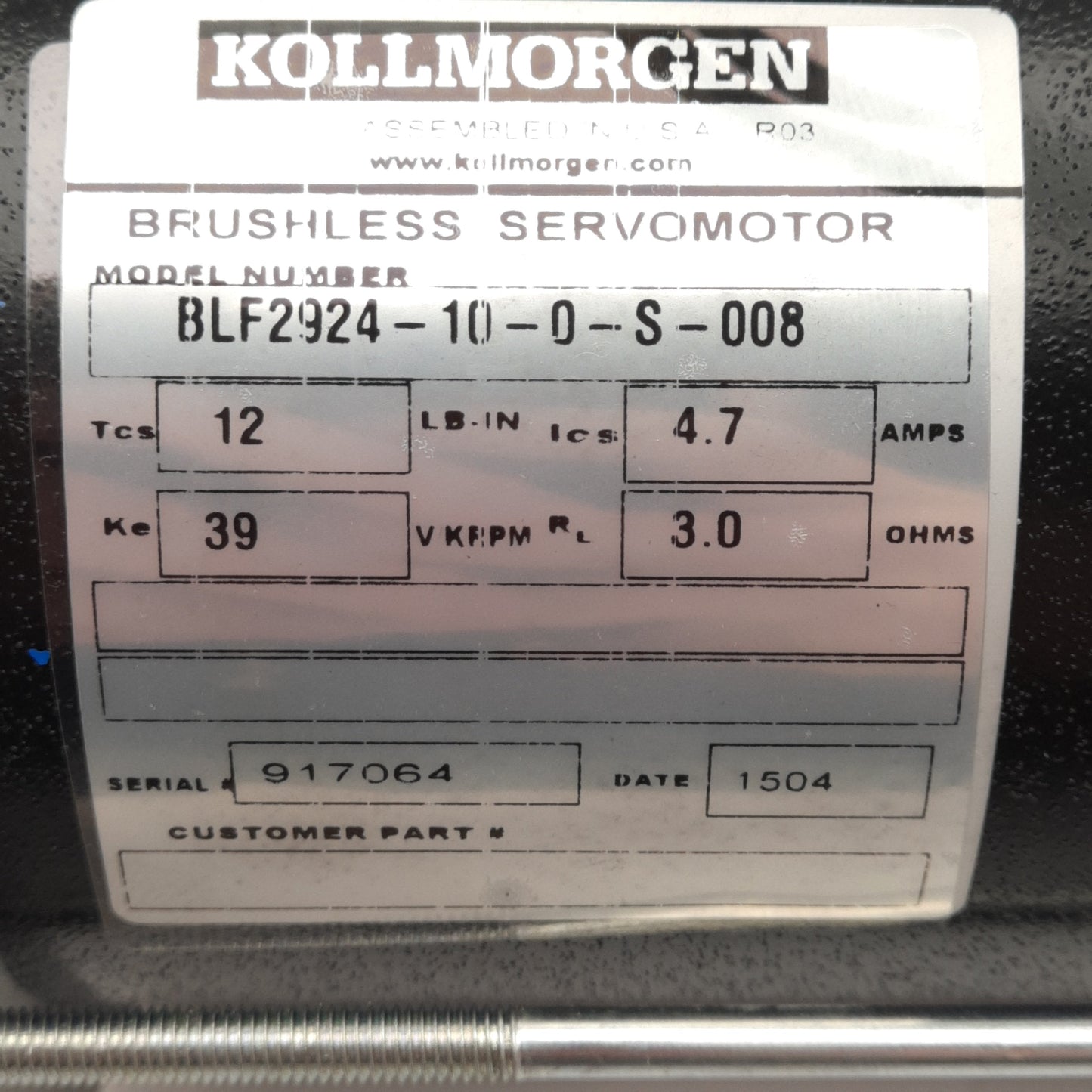 New Kollmorgen BLF2924-10-0-S-008 Brushless Servo Motor, 4.7A 39V/kRPM, 12lb-in, 3Ω
