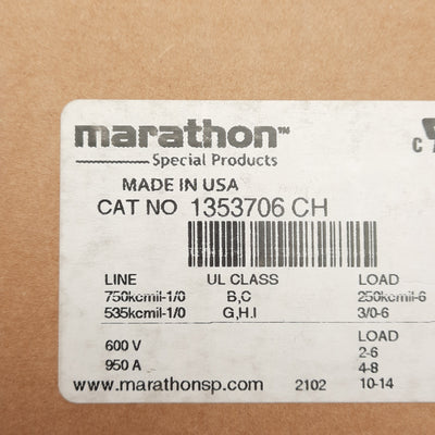 New Marathon 1353706CH Power Distribution Terminal Block w/ Cover, 3-Pole, 600V 950A