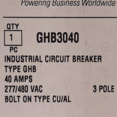 New Eaton GHB3040 Molded Case Circuit Breaker, 3-Pole, 40A, 480Y/277VAC 125/250VDC