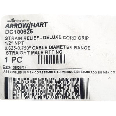 New Eaton DC100625 Strain Relief Cord Grip, 1/2in NPT, Male, ø0.63-0.75in Cord