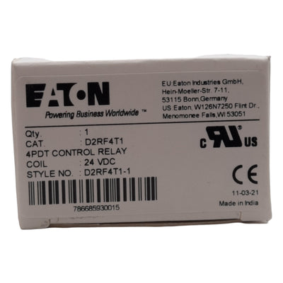 New Eaton D2RF4T1 Ice Cube Control Relay, 4PDT, 6A 120/277VAC/28VDC, 24VDC Coil