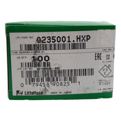 New Lot of 100 Littelfuse 0235001.HXP Time-Lag Cartidge Fuse, 5x20mm, 1A 250VAC