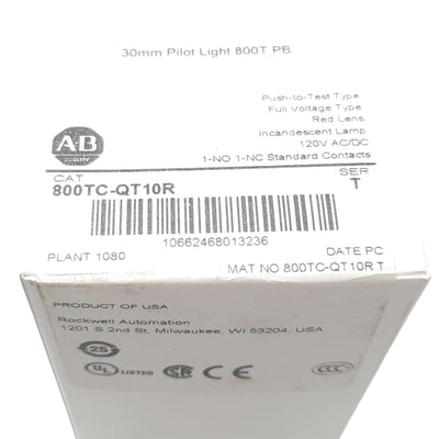 New Allen Bradley 800TC-QT10R Push/Test Pilot Light, 30mm, Red, 120VAC/DC, 1 NO 1 NC