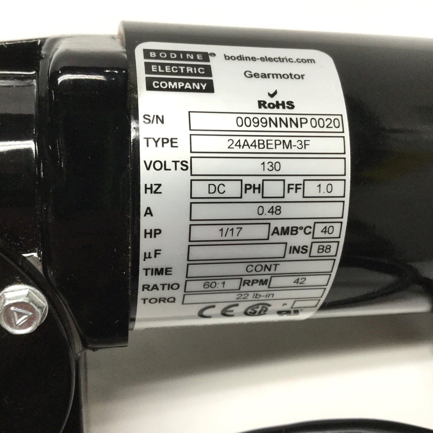 Used Bodine Electric 24A4BEPM-3F Gearmotor, 130VDC, 60:1, 42RPM, 1/17 HP, 22 lb-in