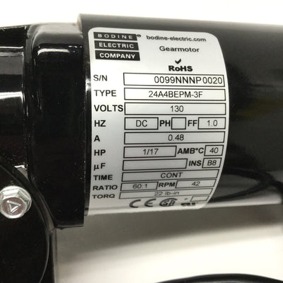 Used Bodine Electric 24A4BEPM-3F Gearmotor, 130VDC, 60:1, 42RPM, 1/17 HP, 22 lb-in
