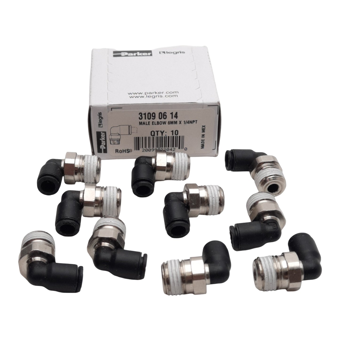 New Lot of 10 Parker 3109 06 14 Elbow Fitting 1/4in NPT Male, ø6mm One-Touch, 290PSI