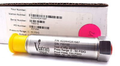 New Viatran 422AHGX1587 Pressure Transmitter 0-50PSIG, 150PSIG, 12-30VDC, 0-9.8VDC