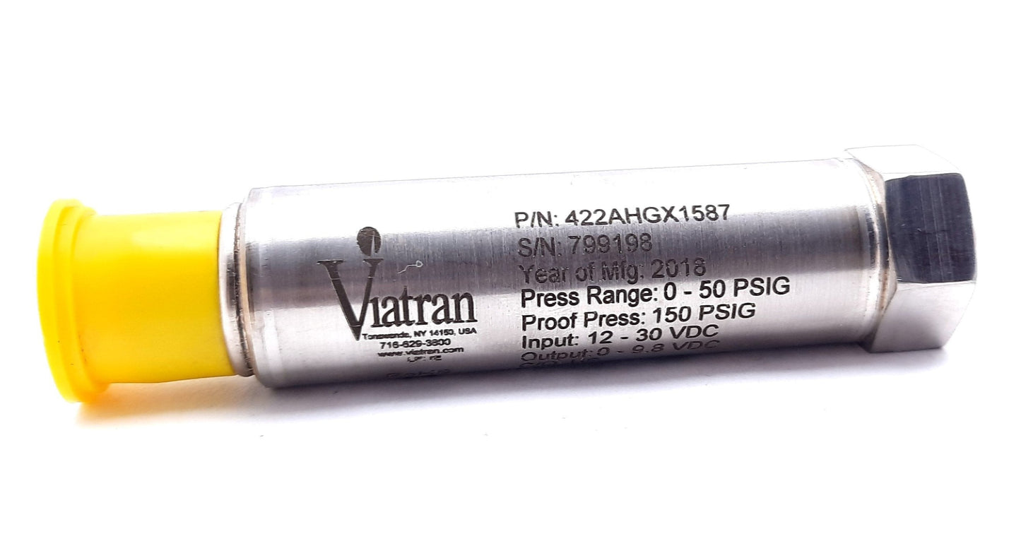 New Viatran 422AHGX1587 Pressure Transmitter 0-50PSIG, 150PSIG, 12-30VDC, 0-9.8VDC