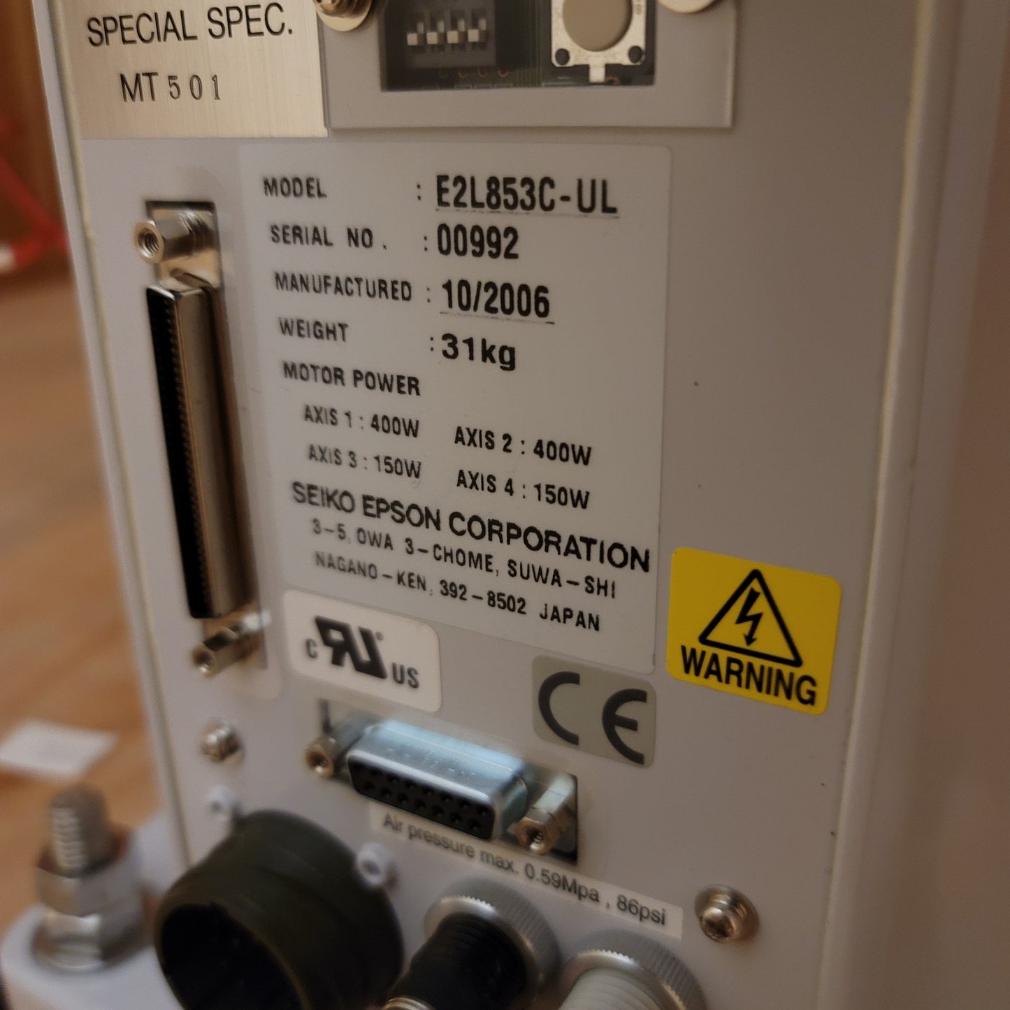 Used Epson E2L853C 4-Axis Cleanroom SCARA Robot Arm Manipulator 850mm, 2kg Payload