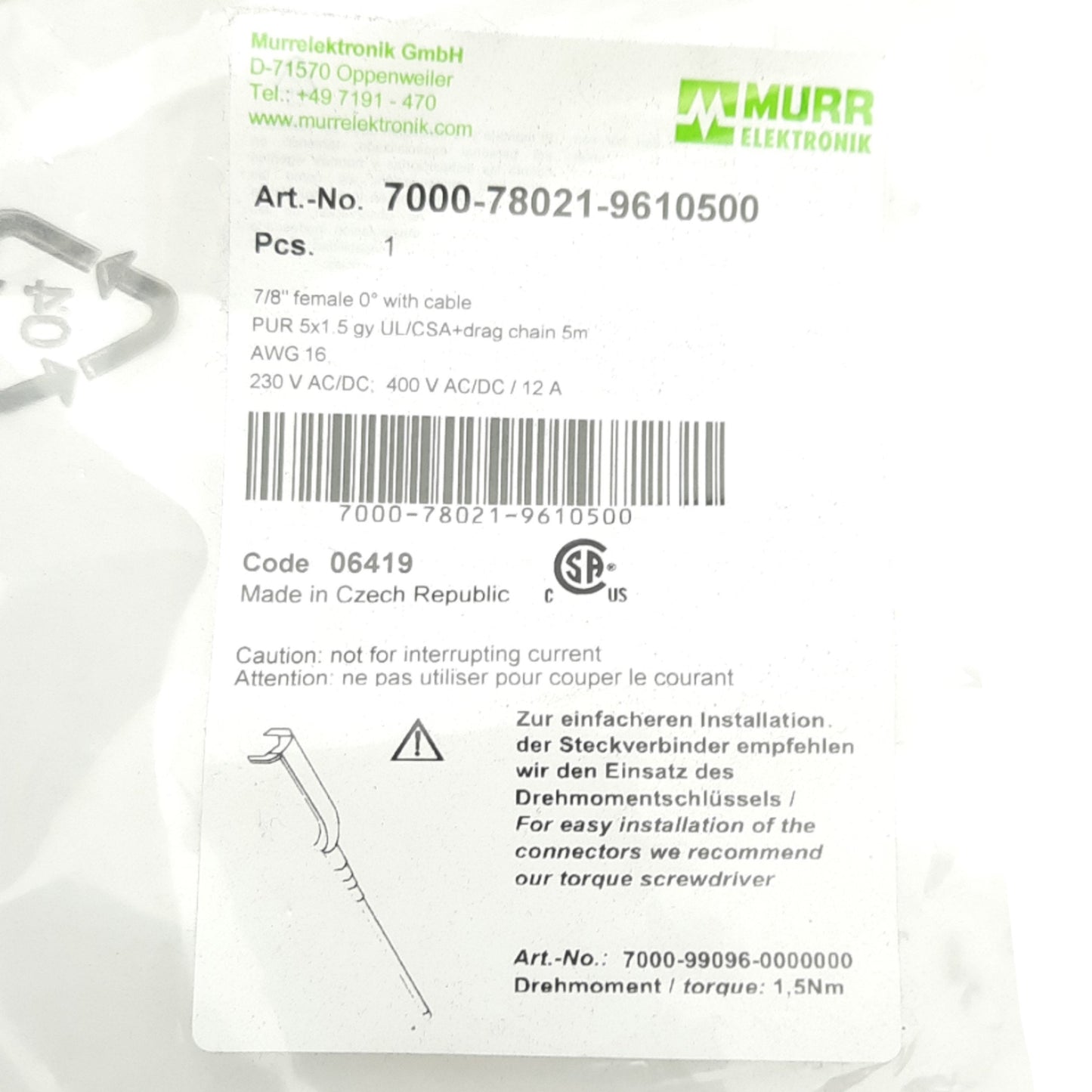 New Murr Elektronik 7000-78021-9610500 Cable, 7/8in 5-Pin Female, 230VAC/DC, 12A, 5m