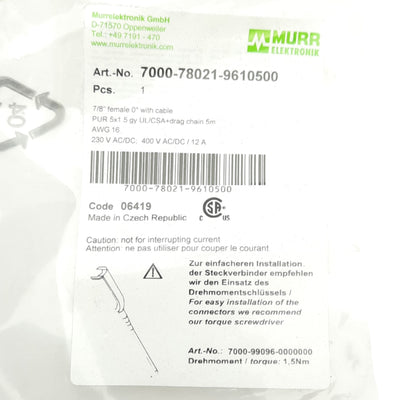 New Murr Elektronik 7000-78021-9610500 Cable, 7/8in 5-Pin Female, 230VAC/DC, 12A, 5m