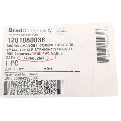 New Woodhead E11A06002M100 Cordset, Double Ended M12 4-Pin Male, 125V 1.5A, 10m