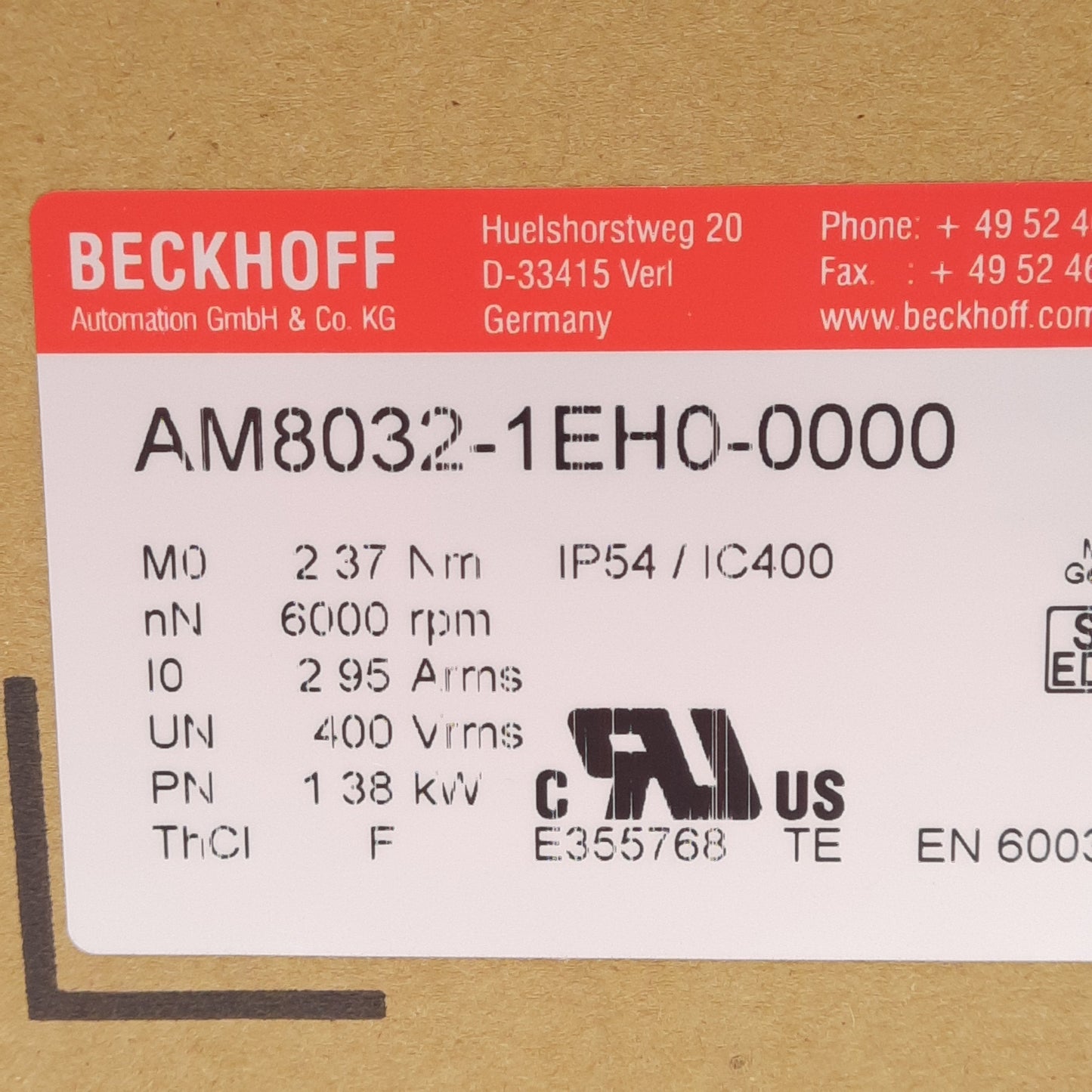 New Beckhoff AM8032-1EH0-0000 Servo Motor, 400VAC 2.95A 1.38kW, 6000RPM, ø14mm Shaft