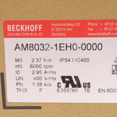 New Beckhoff AM8032-1EH0-0000 Servo Motor, 400VAC 2.95A 1.38kW, 6000RPM, ø14mm Shaft