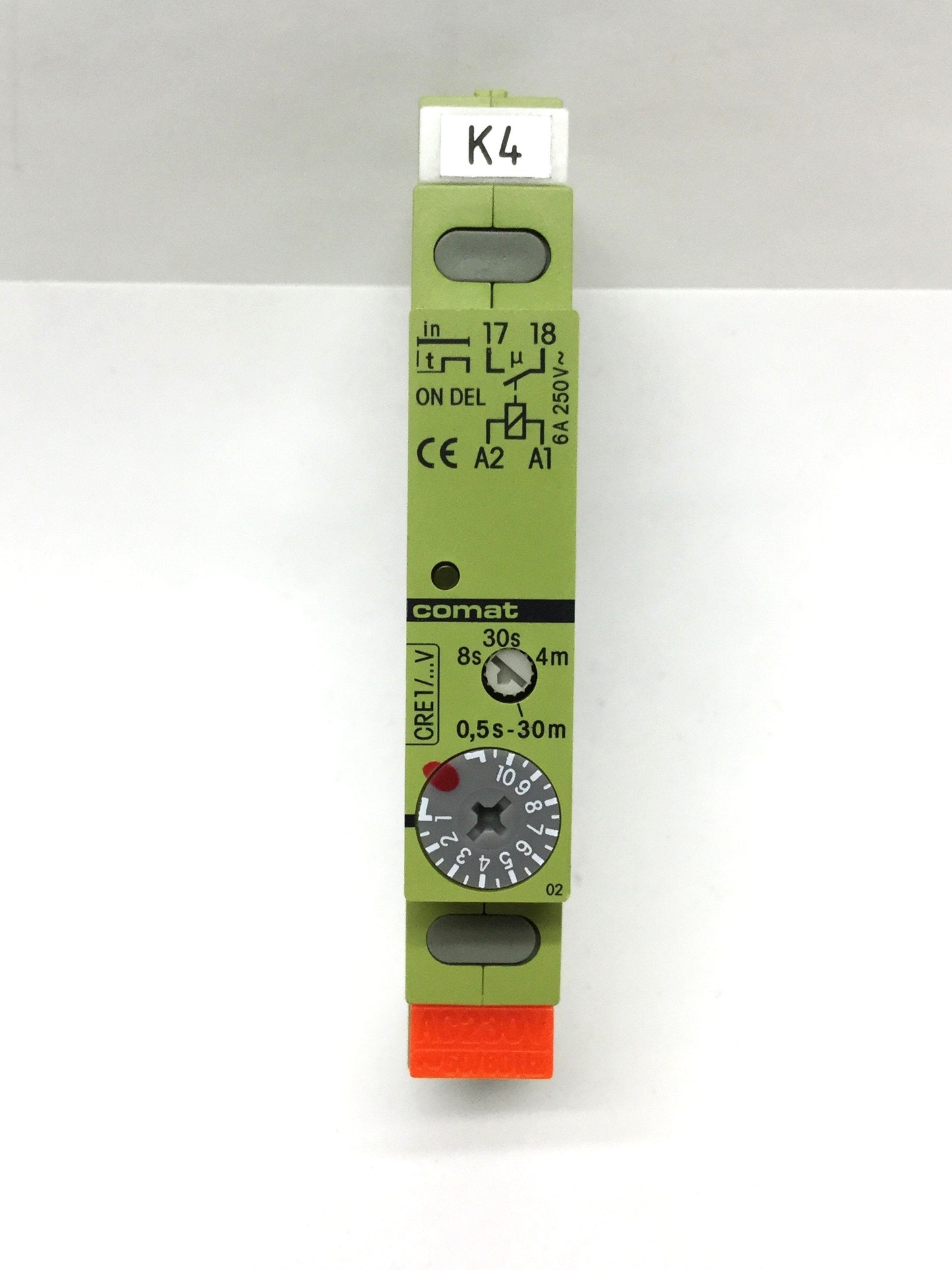 Used Comat CRE1/AC230V DIN Time Relay On-Delay, 230VAC Coil, 0.5s-30min, 6A 250VAC