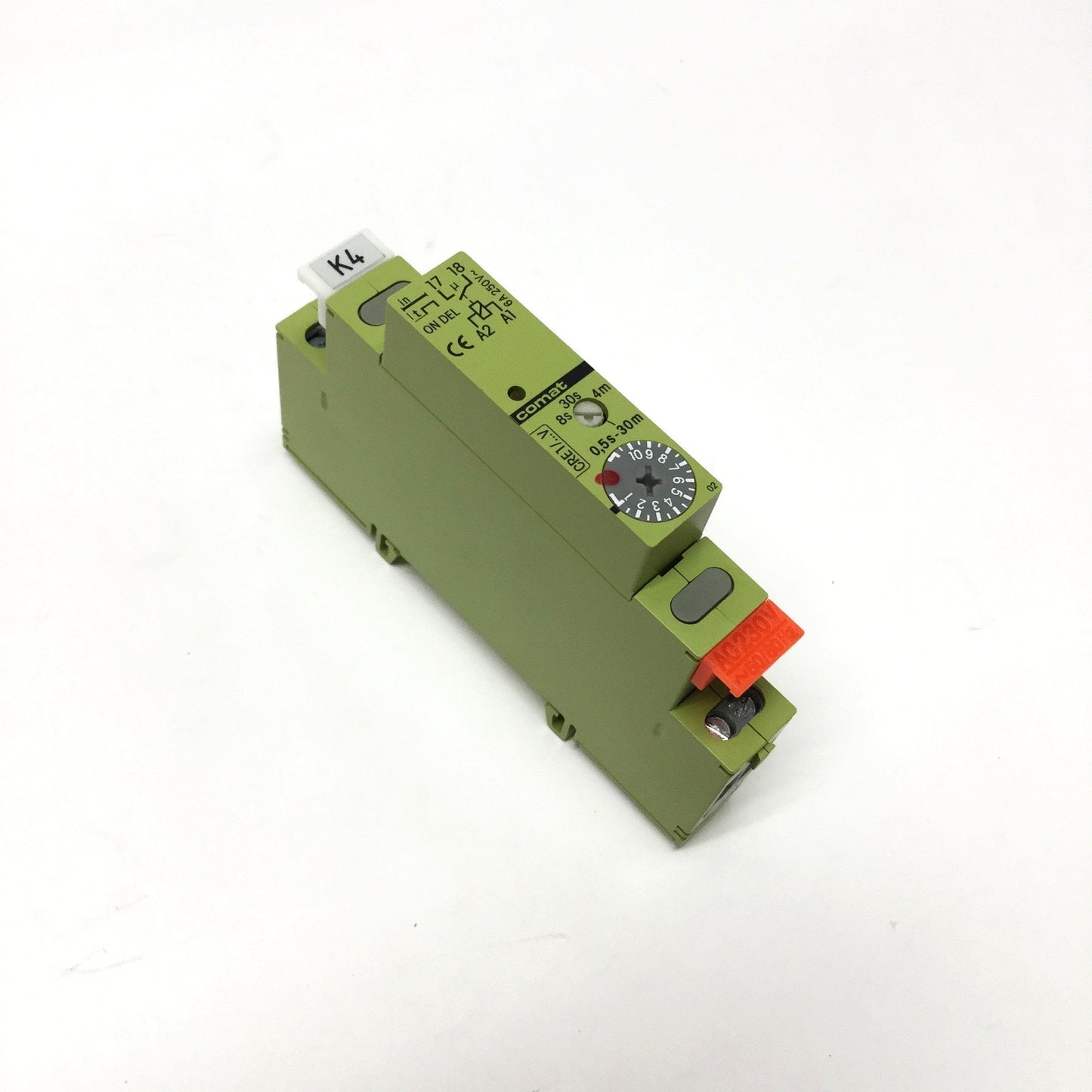 Used Comat CRE1/AC230V DIN Time Relay On-Delay, 230VAC Coil, 0.5s-30min, 6A 250VAC