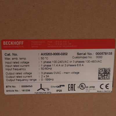New Beckhoff AX5203-0000-0202 Servo Drive 3Ø 100-480VAC In, 0-480VAC 3A 0-599Hz Out