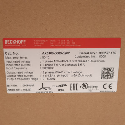 New Beckhoff AX5106-0000-0202 Servo Drive 3Ø 100-480VAC In, 0-480VAC 6A 0-599Hz Out