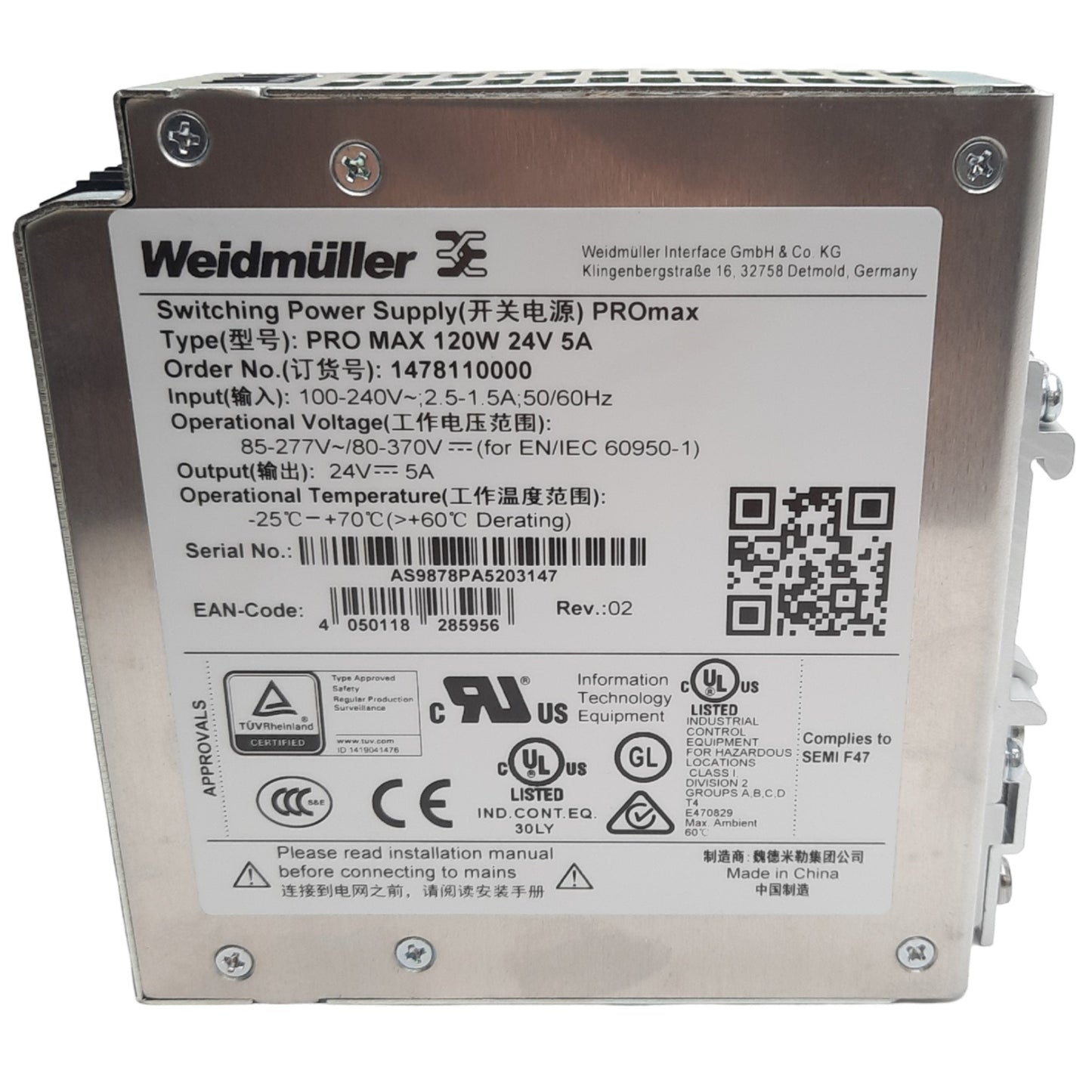New Weidmuller 1478110000 Power Supply, 85-277VAC/80-370VDC In, 24V 5A 120W Output
