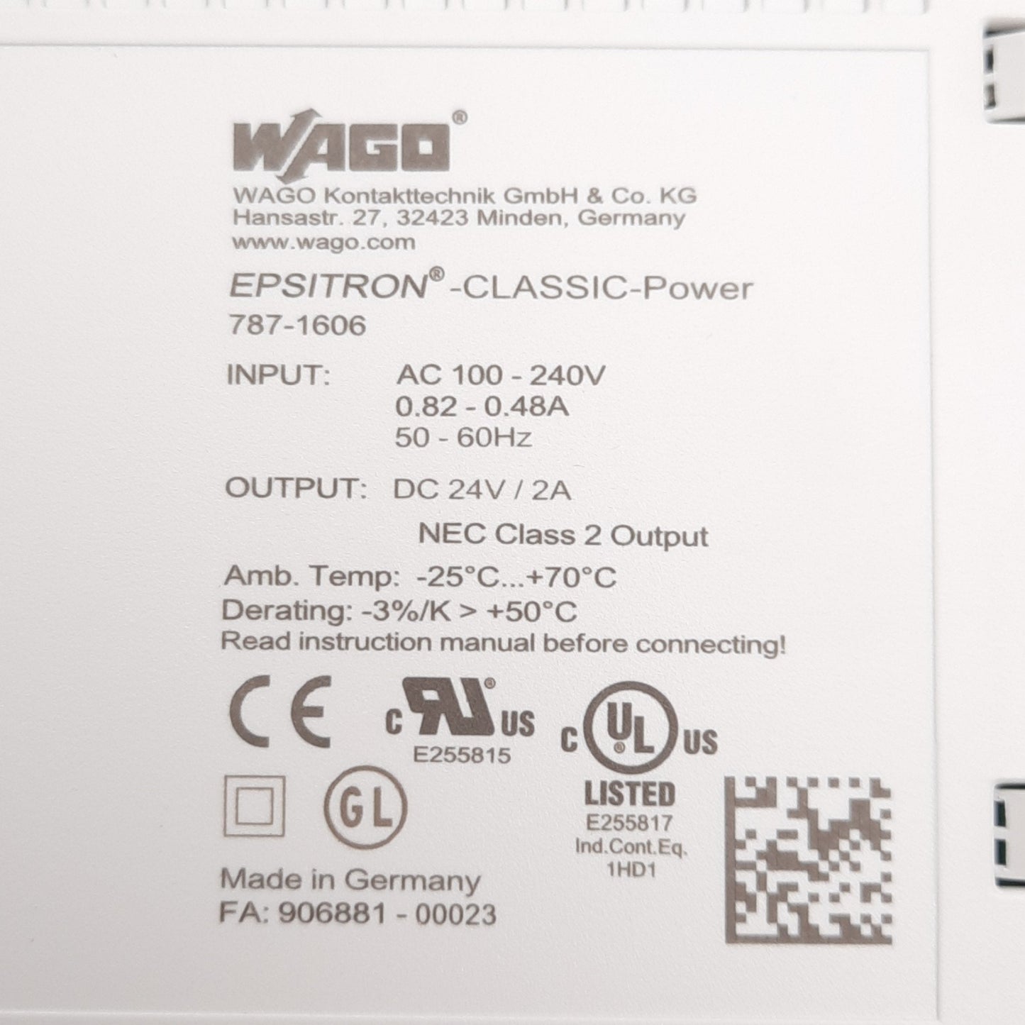 New Wago 787-1606 DIN Rail Power Supply, 100-240VAC Input, 24VDC 2A 48W Output