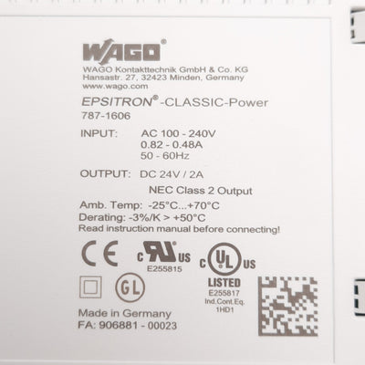 New Wago 787-1606 DIN Rail Power Supply, 100-240VAC Input, 24VDC 2A 48W Output