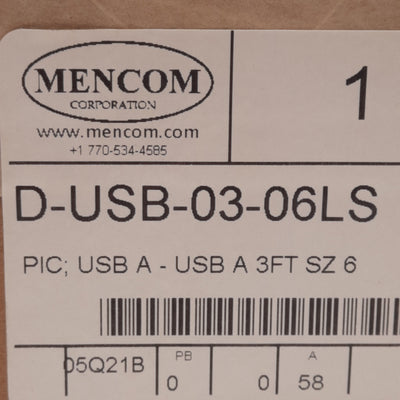 New Mencom D-USB-03-06LS Panel Interface Connector, USB Form A Male to Female, 3ft