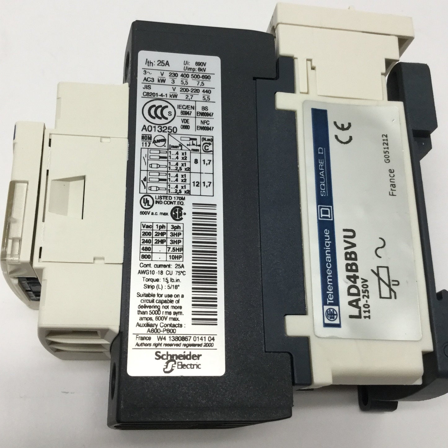 Used Schneider LC1D128P7 TeSys Contactor 4-Pole + 1NO-1NC 25A 600VAC, 230VAC Coil