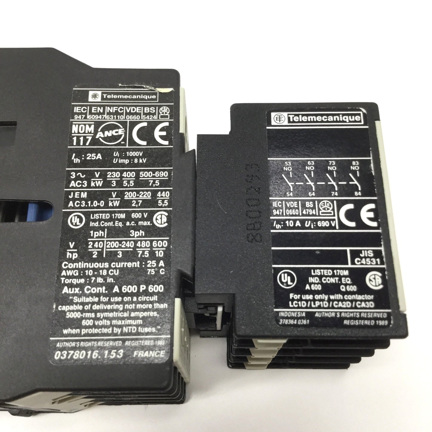 Used Telemecanique LC1D1201 Contactor 3-Pole +1NC, 25A, 230VAC Coil w/ 4NO Aux