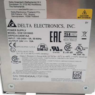 New Delta Electronics DRP024V240W1AA Power Supply, 100-240VAC In, 24V 10A 240W Out