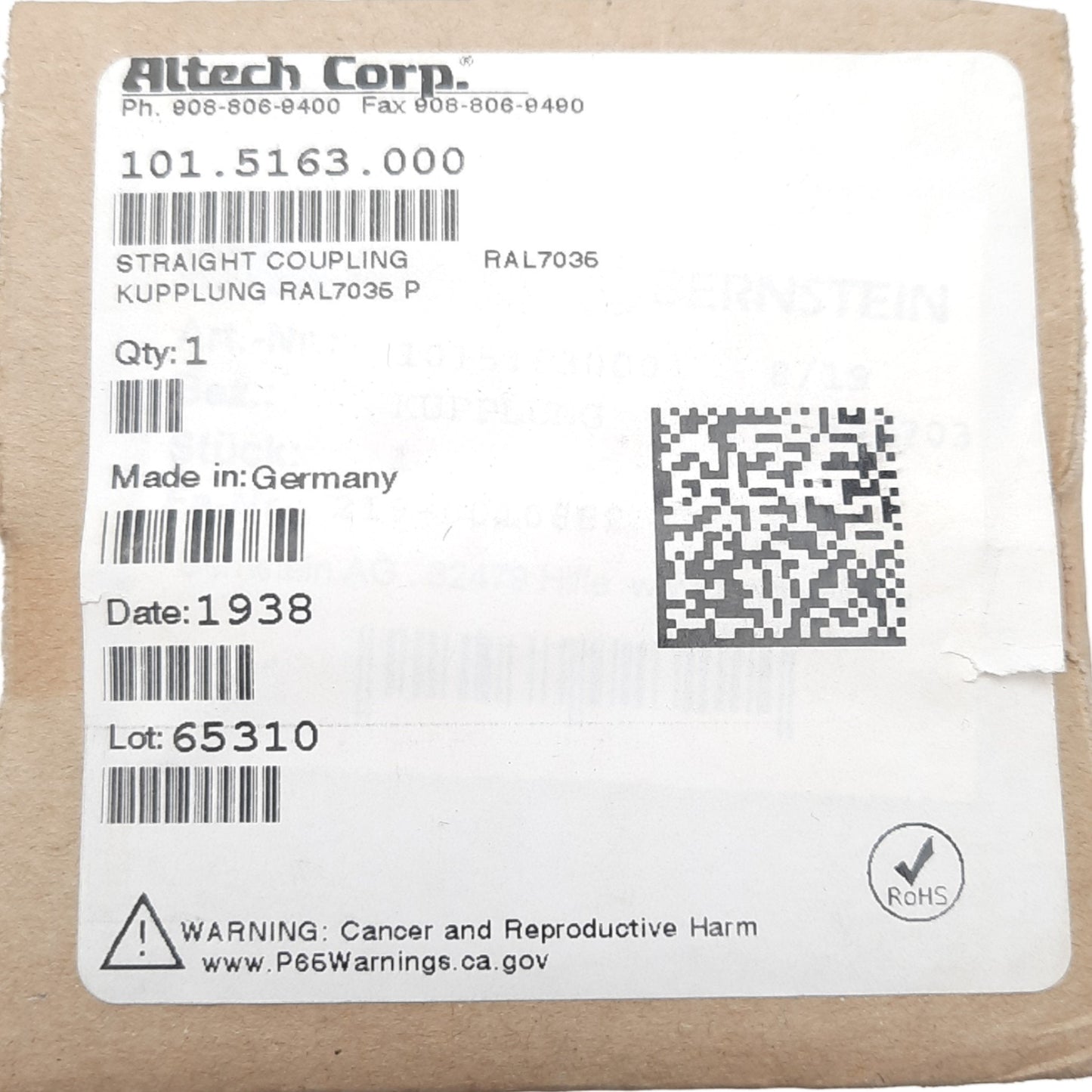 New Altech 101.5163.000 Straight Coupling, Aluminum, 300°, ø40mm, for CS-2000 SL