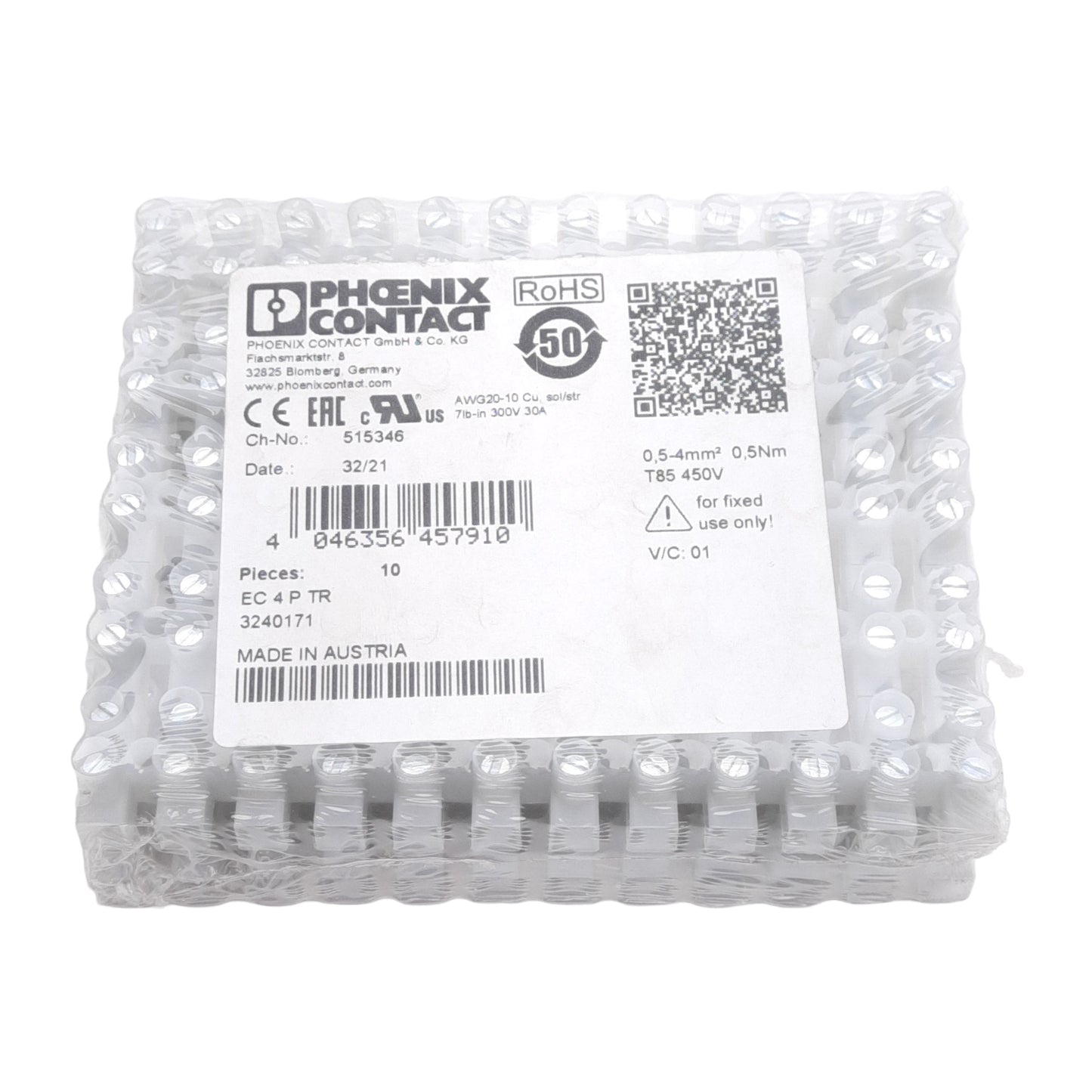 New Lot of 10 Phoenix Contact 3240171 Terminal Strip, 12-Position, 450V 32A