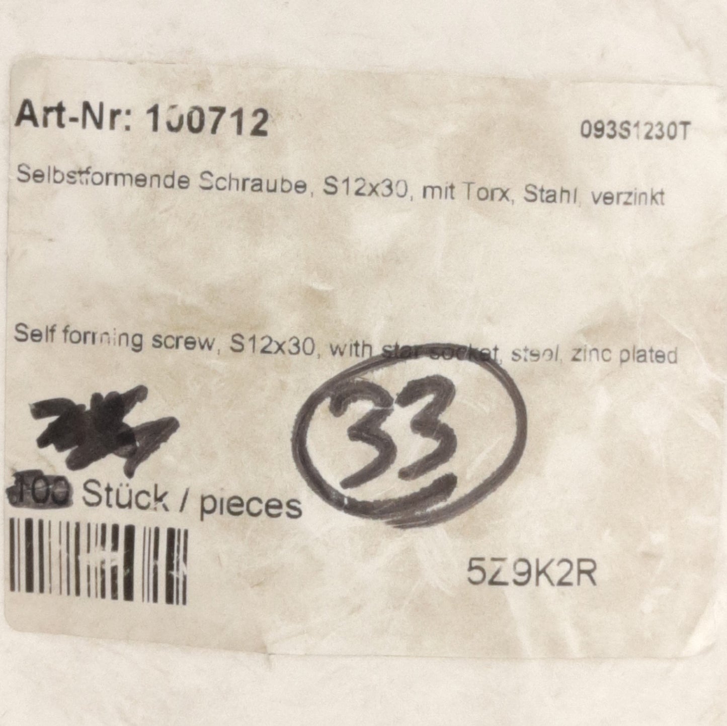 New Lot of 33 Fath 0932S1230T Self Tapping Screw, Torx Head, S12x30mm Length