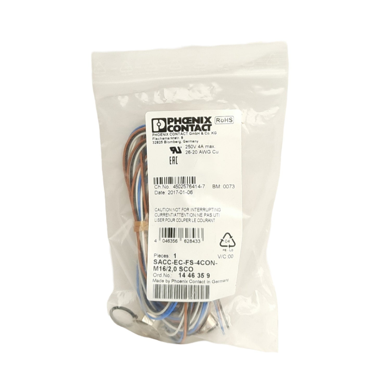 New Phoenix Contact 1446359 Front Mount Device Connector M12 Speedcon 4-P Female, 2m