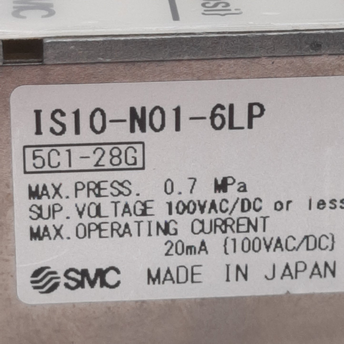 Used SMC IS10-N01-6LP Pressure Switch, 0.1-0.6MPa Set, 100VAC/DC 20mA, 3m Lead