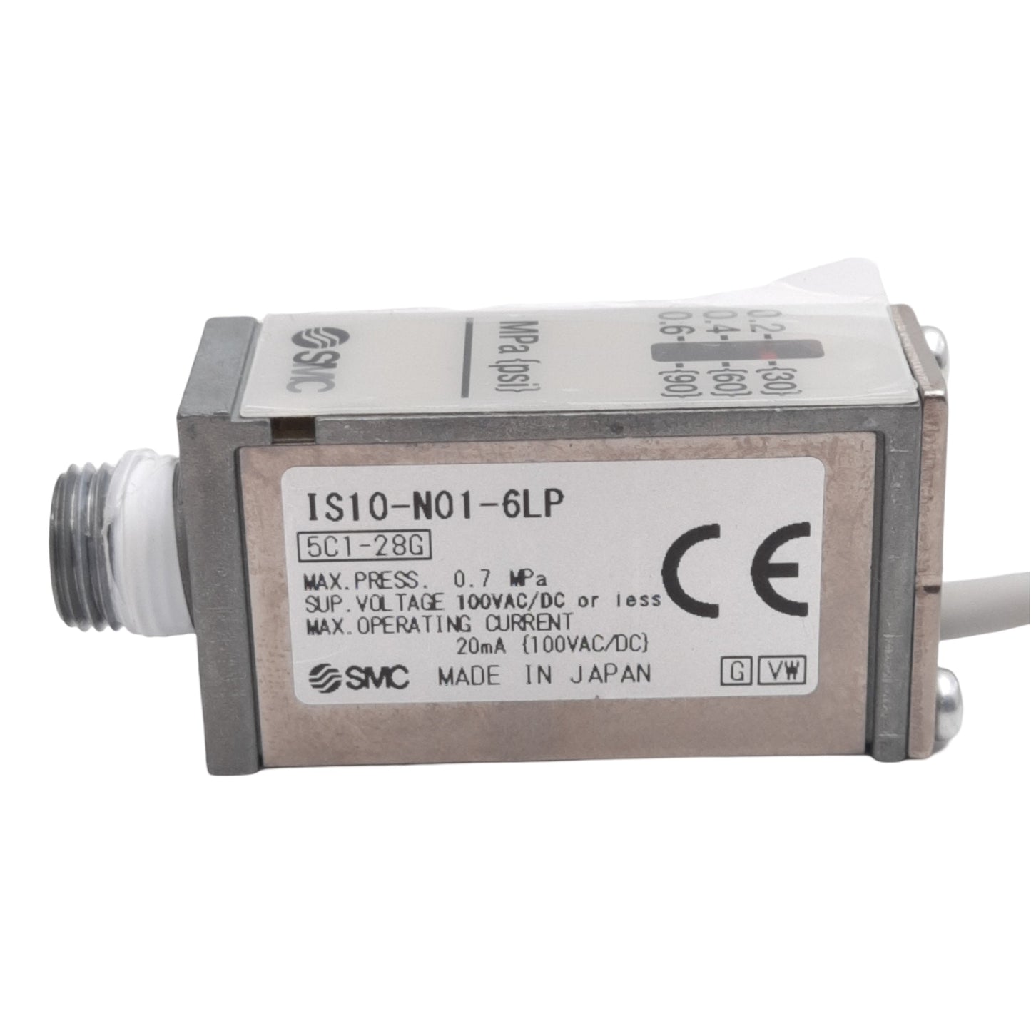 Used SMC IS10-N01-6LP Pressure Switch, 0.1-0.6MPa Set, 100VAC/DC 20mA, 3m Lead
