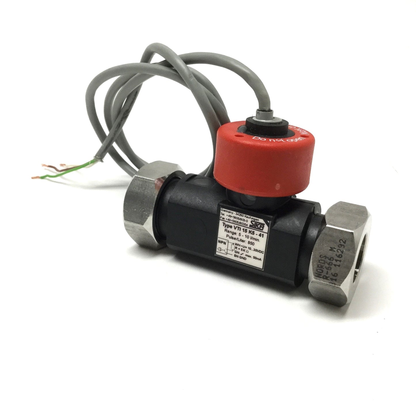 Used Sika VTI 15 K5-41 Turbine Flow Meter Sensor 5-10L/min, 850 Pulse/L, 10-30VDC