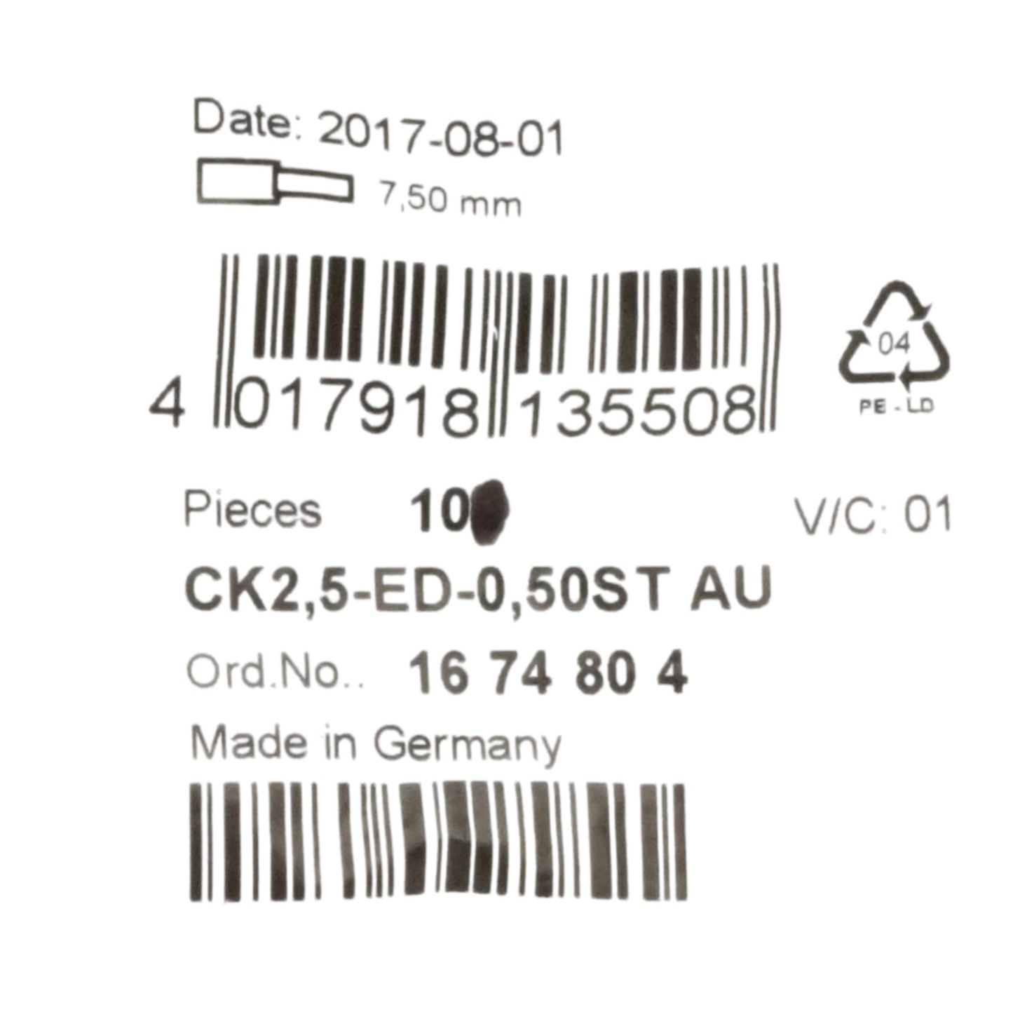 New Lot of 10 Phoenix Contact CK2,5-ED-0,50STAU (1674804) Crimp Contact Pins, ø2.5mm