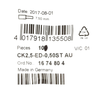 New Lot of 10 Phoenix Contact CK2,5-ED-0,50STAU (1674804) Crimp Contact Pins, ø2.5mm