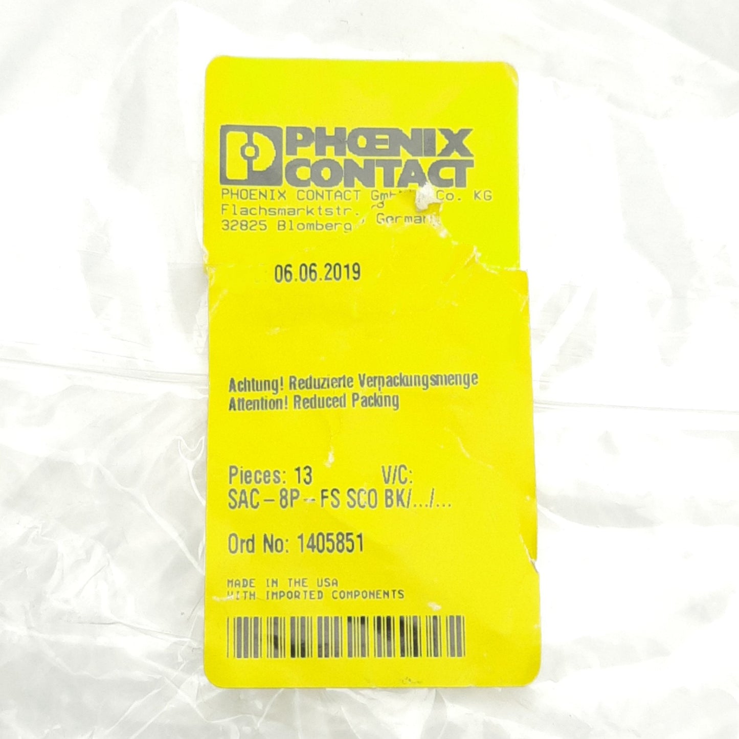 New Lot of 4 Phoenix Contact 1405851 Sensor/Actuator Cable, 30V, 8-Pin M12, 0.3m