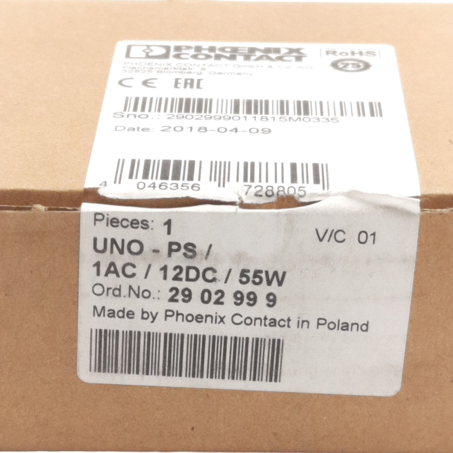 New Phoenix Contact UNO-PS/1AC/12DC/55W 2902999 Power Supply 100-240VAC In 12VDC Out